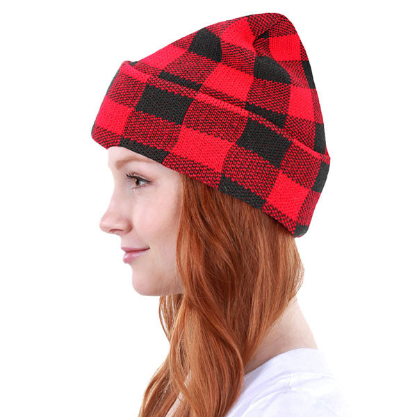 Red Buffalo Check Patterned Knit Beanie Hat, Before running out the door into the cool air, you’ll want to reach for these toasty beanie to keep your hands warm. Accessorize the fun way with these beanie, it's the autumnal touch you need to finish your outfit in style. Awesome winter gift accessory!