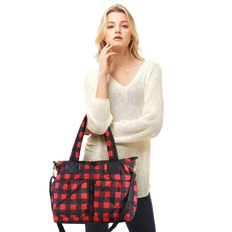 Red Buffalo Check Puffer Tote Bag, be gorgeous and make an individual statement of fashion. These tote bag will be your new favorite accessory to hold onto all your items altogether in one place. The top zipper keeps everything secure and safe. It's easy to carry, and lightweight to run errands or a night out on the town. It's a smart gift for Birthdays, holidays, Christmas, New Year, etc. for your friends, family, and the persons you love and care for. Keep yourself gorgeous and trendy!