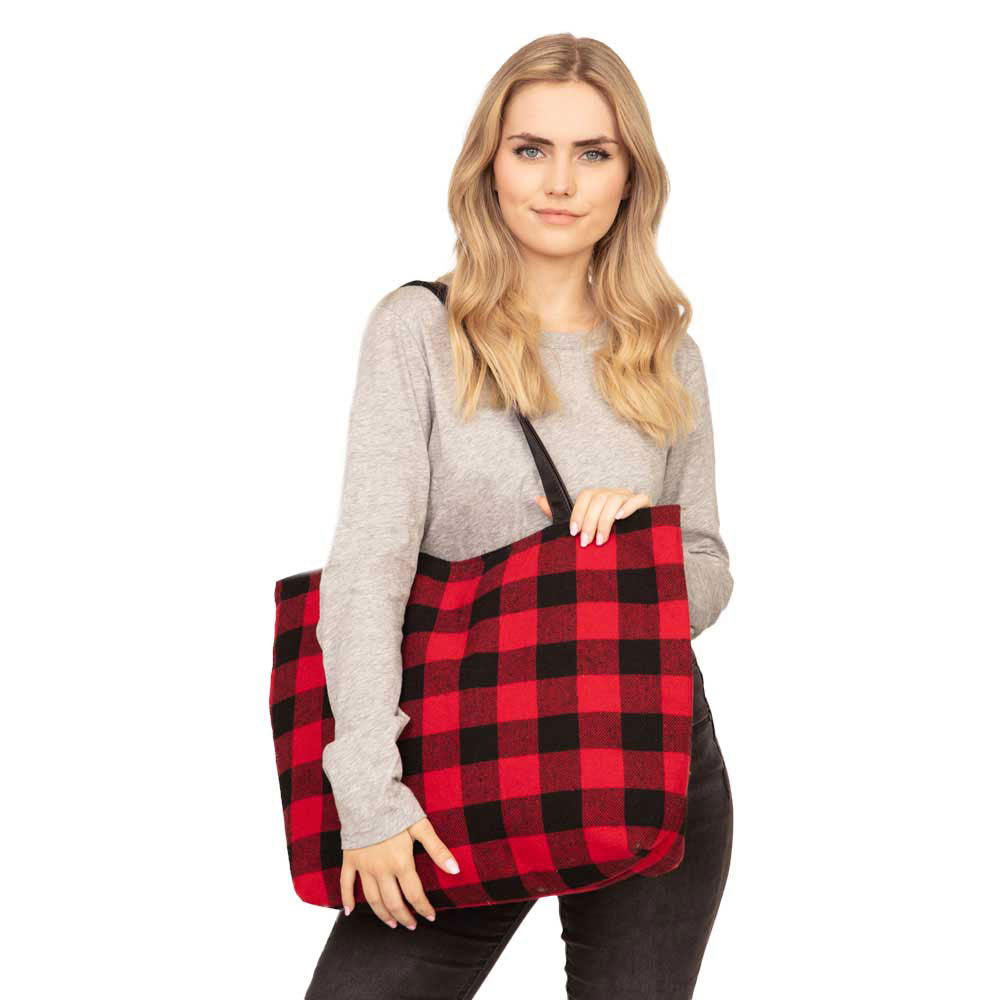 Red Buffalo Plaid Check Tote Bag, be unconventional and make an individual statement of fashion. It will be your new favorite accessory to hold onto all your items without any hassle. The top zipper keeps everything secure. It's easy to carry and lightweight to run errands or a night out on the town. Perfect Gift for Birthdays, holidays, Christmas, New Year, etc. Enjoy hassle-free life!