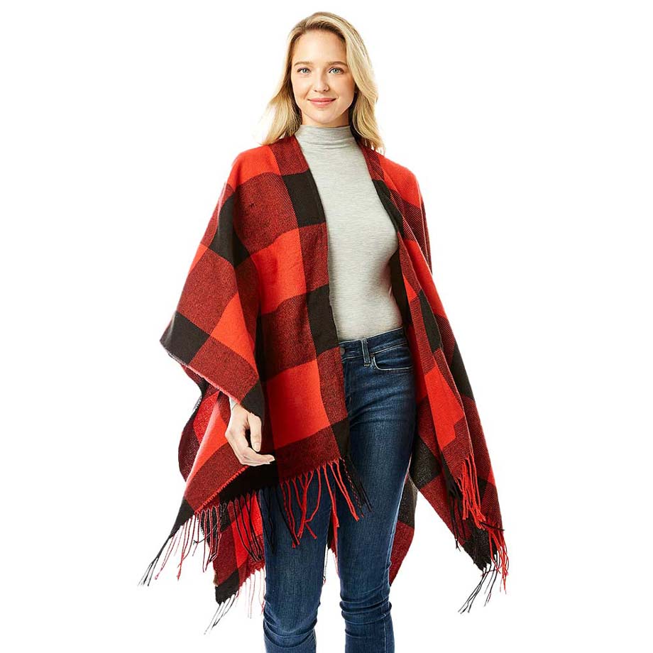 Black Buffalo Plaid Ruana, is a beautiful addition to your attire that will amp up your beauty with perfect warmth on winter and cold days. This nice buffalo plaid ruana is on trend and keeps you warm and toasty. You can throw it on over so many pieces elevating any casual outfit! Lightly ribbed soft-touch in beautiful buffalo plaid that is perfect for layering. Happy winter!