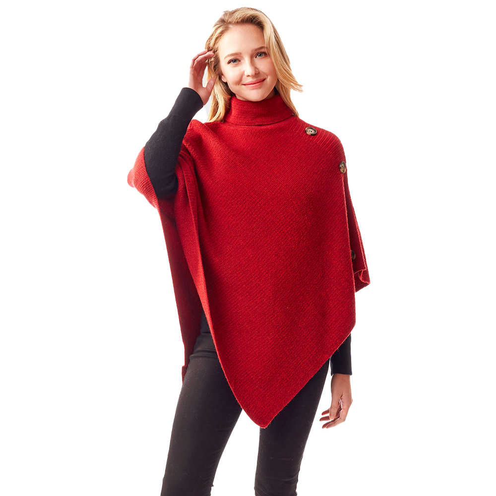 Red Button Pointed Solid Turtle Neck Poncho, provides warmth, comfort in a cold day while keeping your look chic and feminine. Coordinates with all your winter outfits. Perfect Birthday Gift, Christmas Gift, Anniversary Gift, Regalo Navidad, Regalo Cumpleanos, Valentine's Day Gift, Dia del Amor, Asymmetrical Poncho Wrap