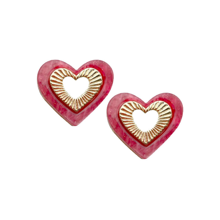 Red Celluloid Acetate Heart Trimmed Stud Earrings. Beautifully crafted design adds a gorgeous glow to any outfit. Jewelry that fits your lifestyle! Perfect Birthday Gift, Anniversary Gift, Mother's Day Gift, Anniversary Gift, Graduation Gift, Prom Jewelry, Just Because Gift, Thank you Gift.