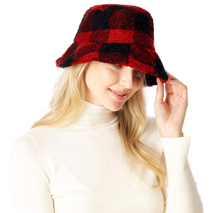 Red Check Patterned Faux Fur Bucket Hat, this Faux Fur check patterned bucket hat is nicely designed and a great addition to your attire. Have fun and look stylish anywhere outdoors. Great for covering up when you are having a bad hair day. Perfect for protecting you from the wind, snow, beach, pool, camping, or any outdoor activities in cold weather. Amps up your outlook with confidence with this trendy bucket hat. It's the autumnal touch you need to finish your outfit in style.