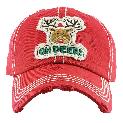 Red Christmas Cotton OH DEER! Rudolph Vintage Baseball Cap. Fun cool Christmas themed vintage cap. Perfect for walks in sun, great for a bad hair day. The distressed frayed style with faded color gives it an awesome vintage look. Soft textured, embroidered message with fun statement will become your favorite cap.