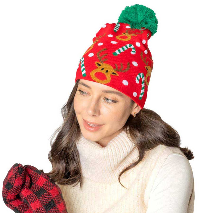 Red Christmas Reindeer Candy Cane Pom Knit Beanie Hat, The Christmas reindeer themes beanies are so adorably and fun. Let's Celebrate the holiday season as soon as the temperature drops with this festive hats. Whether it's a chic holiday dress or dressing up as an elf, this hat is versatile. A super cute and stylish way to show your holiday spirit with a Christmas accent added to any outfit. Excellent winter gift accessory! Perfect Gift Birthday, Christmas, Stocking Stuffer, Secret Santa etc.