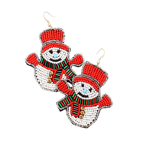 Red Christmas Snowman Seed Bead Dangle Earring, get into the Christmas spirit with our gorgeous handcrafted Christmas themed earrings, they will dangle on your earlobes & bring a smile to those who look at you. Coordinate these snowman design earrings with any ensemble from business casual wear. Lightweight and comfortable for wearing all through the week. Perfect Gift December Birthdays, Christmas, Stocking Stuffers, Secret Santa, BFF, etc.