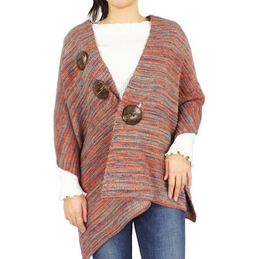 Red Coconut Button Accented Knit Patterned Shawl Cape Poncho Outwear Ruana, the perfect accessory, luxurious, trendy, super soft chic capelet, keeps you warm & toasty. You can throw it on over so many pieces elevating any casual outfit! Perfect Gift Birthday, Holiday, Christmas, Anniversary, Wife, Mom, Special Occasion