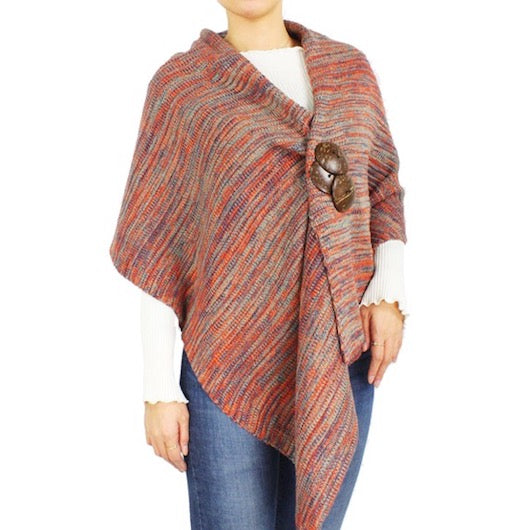 Red Coconut Button Accented Knit Patterned Shawl Cape Poncho Outwear Ruana, the perfect accessory, luxurious, trendy, super soft chic capelet, keeps you warm & toasty. You can throw it on over so many pieces elevating any casual outfit! Perfect Gift Birthday, Holiday, Christmas, Anniversary, Wife, Mom, Special Occasion