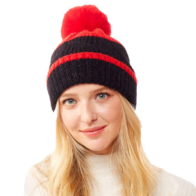 Red Colorful Lurex Accented Two Tone Knit Pom Pom Beanie Hat Warm Fleece Hat Pom Pom Hat Knit Beanie Winter Hat before running out the door into the cool air, you’ll want to reach for this toasty beanie to keep you incredibly warm. Accessorize the fun way with this faux fur pom pom hat, it's the autumnal touch you need to finish your outfit in style. Awesome winter gift accessory! Perfect Gift Birthday, Christmas, Stocking Stuffer, Secret Santa, Holiday, Anniversary, Valentine's Day, Loved One