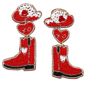 Red Cowgirl Boots And Hat Heart Seed Bead Earrings, These boots earrings feature a cool, decidedly chic, and always fun. The seed bead earrings combine feminine boots, hat heart & cowgirl silhouette with a palette crafted entirely of seed beads. Fun handcrafted jewelry that fits your lifestyle adding a pop of pretty color. It is so comfortable to wear these lightweight cute earrings pair for every day of Valentine's week.