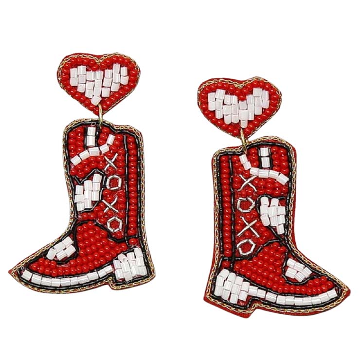 White Cowgirl Boots With Heart Seed Bead Earrings, These boots earrings feature a cool, decidedly chic, and always fun. The seed bead earrings combine feminine boots and cowgirl silhouette with a palette crafted entirely of seed beads. Fun handcrafted jewelry that fits your lifestyle adding a pop of pretty color. It is so comfortable to wear these lightweight cute earrings pair for every day of Valentine's week.