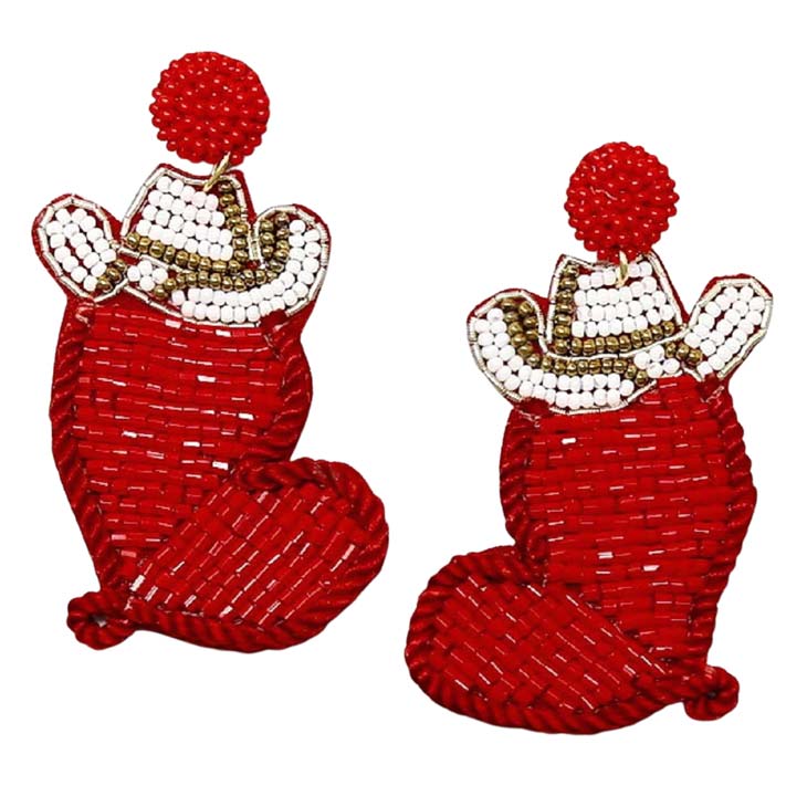Red Cowgirl Hat Heart Seed Bead Earrings, These hat heart earrings feature a cool, decidedly chic, and always fun. The seed bead earrings combine feminine boots, hat heart & cowgirl silhouette with a palette crafted entirely of seed beads. Fun handcrafted jewelry that fits your lifestyle adding a pop of pretty color. It is so comfortable to wear these lightweight cute earrings pair for every day of Valentine's week.