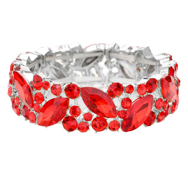 Red Crystal Glass Marquise Evening Stretch Bracelet. This Crystal Evening Stretch Bracelet sparkles all around with it's surrounding, stretch bracelet that is easy to put on, take off and comfortable to wear. It looks modern and is just the right touch to set off. Perfect jewelry to enhance your look. Awesome gift for birthday, Anniversary, Valentine’s Day or any special occasion.