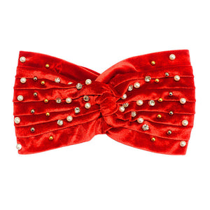 Red Crystal Pearl Detailed Twisted Velvet Headband. Be ready to receive compliments. Be the ultimate trendsetter wearing this chic headband with all your stylish outfits! you will be protected in the harshest of elements, fit securely around your head against your ears and perfect for cold weather accessory