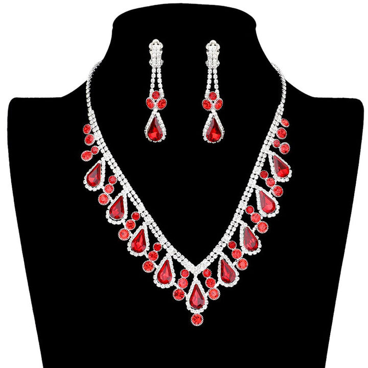 Red Crystal Rhinestone Teardrop Necklace Clip on Earring Set, beautifully crafted design adds a gorgeous glow to any outfit to show your ultimate class. Jewelry that fits your lifestyle with the perfect look! The perfect accessory for adding just the right amount of shimmer and a touch of class to special events. It's perfectly lightweight so that it can be worn throughout the whole week. 