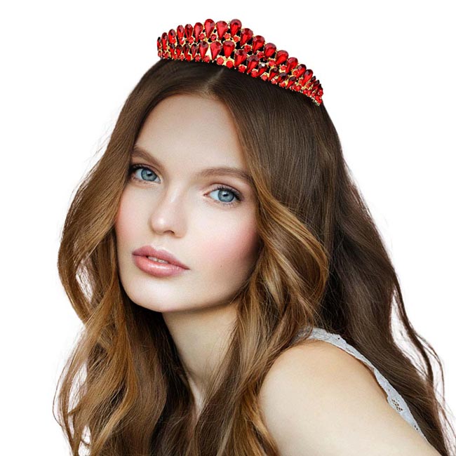 Red Crystal Teardrop Cluster Pageant Queen Tiara, Perfect for adding just the right amount of shimmer & shine, will add a touch of class, beauty and style to your hair sparkling all day & all night long. 