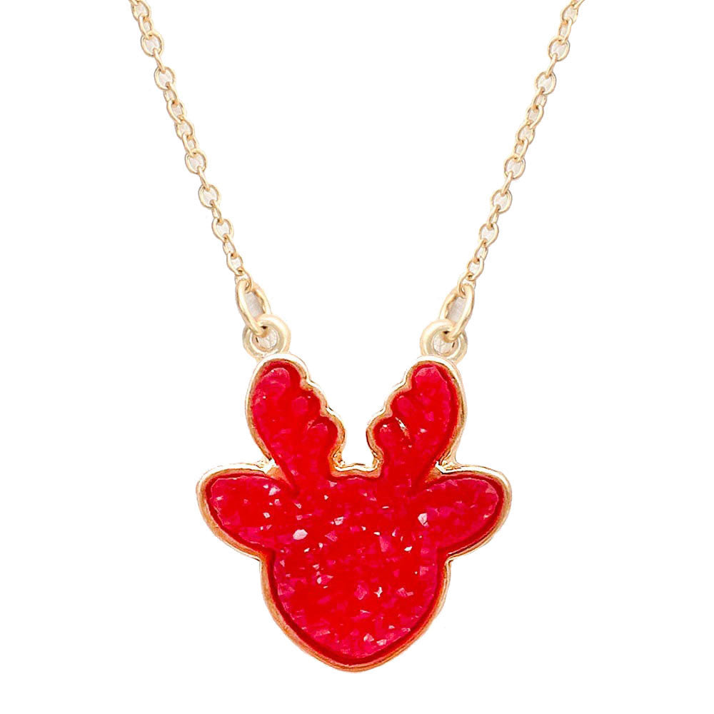 Red Druzy Reindeer Pendant Necklace. Beautifully crafted design adds a gorgeous glow to any outfit. Jewelry that fits your lifestyle! Perfect Birthday Gift, Anniversary Gift, Mother's Day Gift, Anniversary Gift, Graduation Gift, Prom Jewelry, Just Because Gift, Thank you Gift.