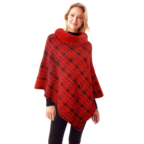 Red Fall Winter Patterned Faux Fur Collar Poncho, the perfect accessory, luxurious, trendy, super soft chic capelet, keeps you warm and toasty. You can throw it on over so many pieces elevating any casual outfit! Perfect Gift for Wife, Mom, Birthday, Holiday, Christmas, Anniversary, Fun Night Out