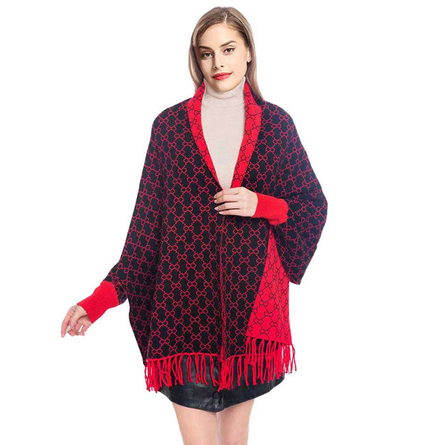 Red Fashionable Luxury Patterned Poncho, the perfect accessory, luxurious, trendy, super soft chic capelet, keeps you warm and toasty. You can throw it on over so many pieces elevating any casual outfit! Its laid-back vibe and classic elegance are sure to draw attention without making too strong a statement. Perfect Gift for Wife, Mom, Birthday, Holiday, Christmas, Anniversary, Fun Night Out.