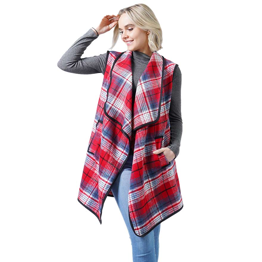 Red Fashionable Plaid Check Vest With Pocket, the perfect accessory for boosting up your gorgeousness and confidence with comfort. It's a luxurious, trendy, super soft chic capelet that keeps you smarter, warm, and toasty. You can throw it on over so many pieces elevating any casual outfit! Perfect Gift for Wife, Mom, Birthday, Holiday, Christmas, Anniversary, Fun Night Out. Wherever you go, show your confidence with this fashionable vest.