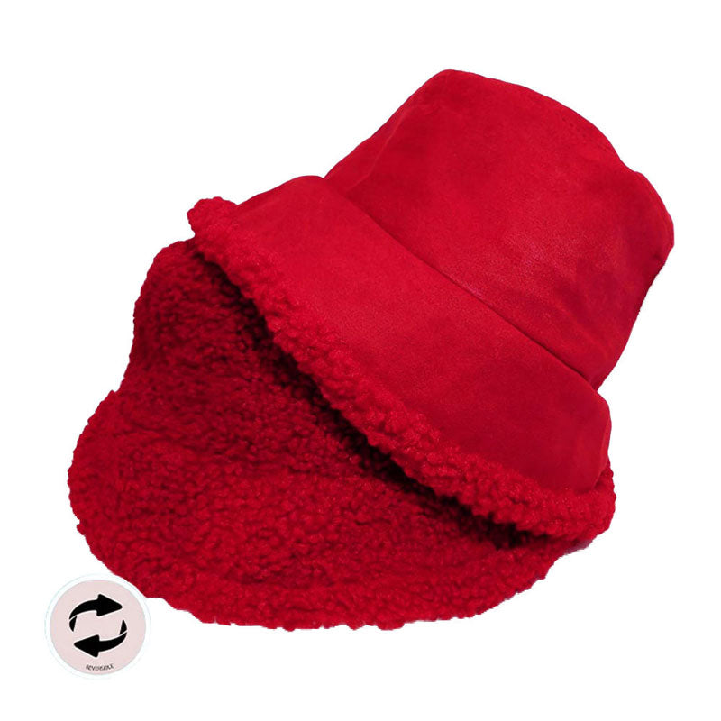 Red Fashionable Winter Reversible Faux Fur Sherpa Bucket Hat, Before running out the door into the cool air, you’ll want to reach for these  Faux Fur Sherpa Bucket Hatto keep you incredibly warm and comfortable even when the sun is high in the sky.  Perfect for keeping the sun off of your face, neck, and shoulders.