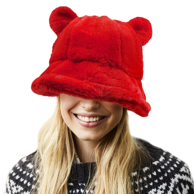 Red Faux Fur Bear Ear Bucket Hat, Show your excellent choice with this chic Faux Fur bear Bucket Hat. This animal themed bucket hat is nicely designed and a great addition to your attire. Have fun and look Stylish anywhere outdoors. Great for covering up when you are having a bad hair day. Perfect for protecting you from the wind, snow, beach, pool, camping, or any outdoor activities in cold weather. Amps up your outlook with confidence with this trendy bucket hat. 
