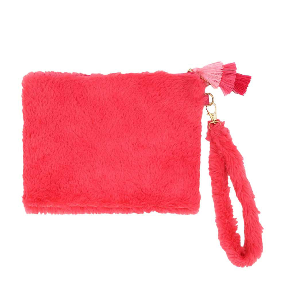 Red Faux Fur Tassel Pouch With Wristlet, shows your trendy look with this awesome tassel pouch design wristlet bag. Whether you are out shopping, going to the pool or beach, or anywhere else. These tassel themed pouch bag is the perfect accessory for holding your handy items comfortably. Spacious enough for carrying any and all of your belongings and essentials. Perfect Birthday Gift, Anniversary Gift, Just Because Gift, Mother's Day Gift.