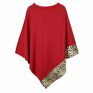 Red Adel Leopard Trim Solid Poncho Leopard Trim Poncho Leopard Trim Ruana Shawl Cape  cozy, warm pullover ladies animal print trim poncho makes the perfect fashion statement this winter, Slip this on to add instant gorgeousness to your look! Stay warm, cozy & stylish in this beautiful piece.