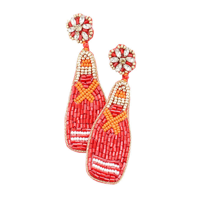 Red Felt Back Beaded Champagne Dangle Earrings, Seed Beaded champagne dangle earrings fun handcrafted jewelry that fits your lifestyle, adding a pop of pretty color. Enhance your attire with these vibrant artisanal earrings to show off your fun trendsetting style. Goes with any of your casual outfits and Adds something extra special. Great gift idea for Wife, Mom, or your Loving One.