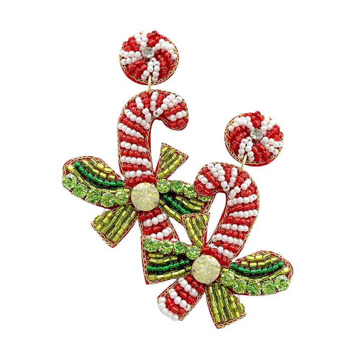 Red Felt Back Beaded Christmas Candy Cane Dangle Earrings. Beautifully crafted design adds a gorgeous glow to any outfit with Christmas, fruits/food theme. Get into the Christmas spirit with our gorgeous handcrafted Christmas dangle earrings, Bright design with Christmas themed colors and pattern will the perfect choice to your Christmas costumes. Ideal gift for you loved ones, girlfriend, wife, daughter, sisters, share with your family on Christmas.