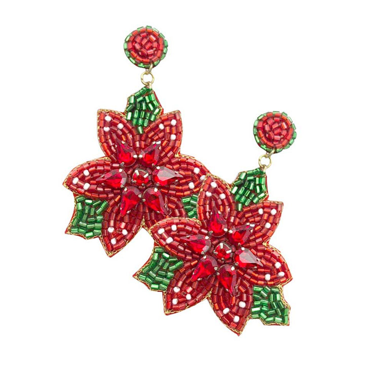 Red Felt Back Beaded Christmas Poinsettia Dangle Earrings. Beautifully crafted design adds a gorgeous glow to any outfit with Christmas, flower & leaf theme. Get into the Christmas spirit with our gorgeous handcrafted Christmas dangle earrings, Bright design with Christmas themed colors and pattern will the perfect choice to your Christmas costumes. Ideal gift for you loved ones, girlfriend, wife, daughter, sisters, share with your family on Christmas.