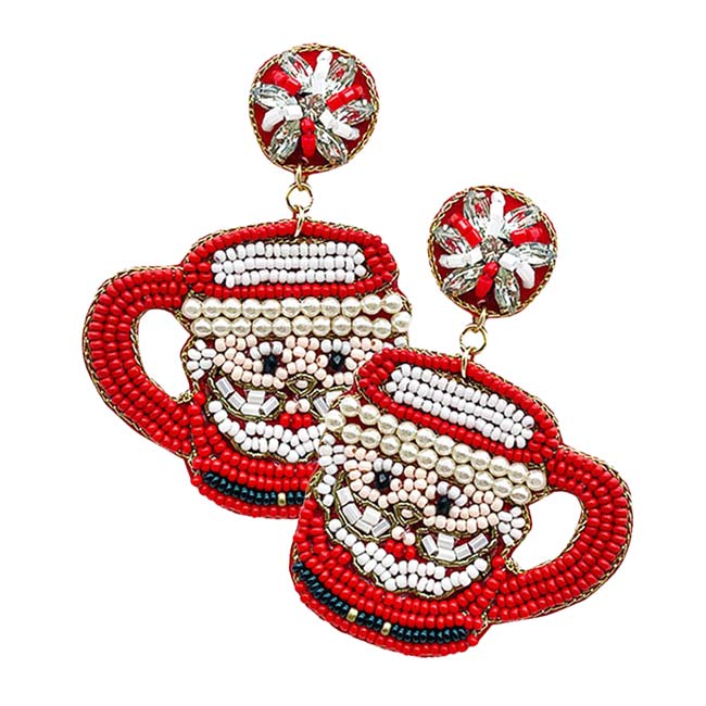 Red Felt Back Beaded Christmas Santa Claus Mug Cup Dangle Earrings, Get into the Christmas spirit with these beautiful Christmas Santa Clause dangle earrings. These Christmas-themed earrings will dangle on your earlobes & bring a smile of praise to those who look at you. Perfect Gift for Birthdays, Christmas, Stocking Stuffers, Secret Santa, BFF, etc. Make your Christmas moments beautiful and unique!