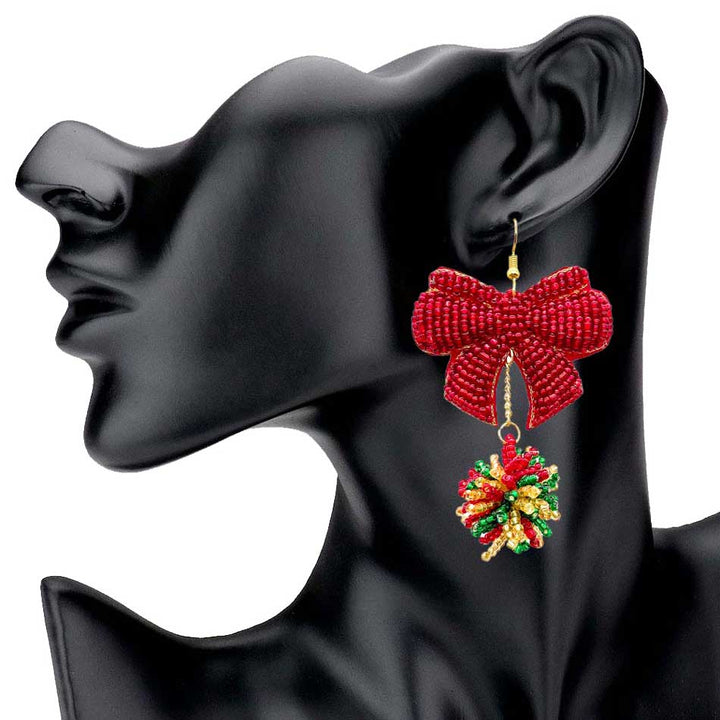 Red Felt Back Bow Beaded Ball Link Dangle Earrings, perfect for the festive season, embrace the Christmas spirit with these cute Bow Beaded and ball link earrings. Bring a smile to those who look at you. It will pair well with all your Christmas costume. Perfect Gift for Birthdays, Christmas, Stocking Stuffers, Secret Santa, BFF, etc.