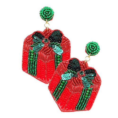 Felt Back Christmas Gift Box Sequin Beaded Dangle Earrings - Red