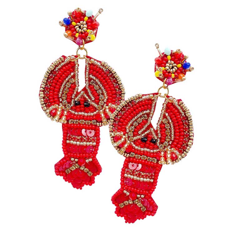 Red Felt Back Multi Beaded Lobster Dangle Earrings. Seed Bead Lobster Earrings jewelry that fits your lifestyle, adding a pop of pretty color. Enhance your attire with this vibrant handcrafted beautiful modish, vibrant lobster statement jewelry. Makes a wonderful gift for your loved ones on festive seasons.