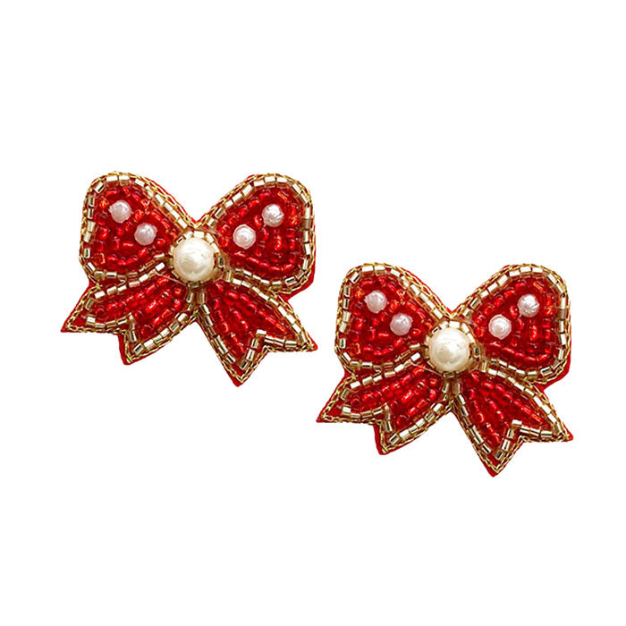 Red Felt Back Pearl Seed Beaded Bow Earrings. perfect for the festive season, embrace the occasion spirit with these cute enamel Bow Earrings, these sweet delicate gift earrings are sure to bring a smile to your face. Surprise your loved ones on beautiful occasion. Great gift idea for Wife, Mom, or your Loving One.