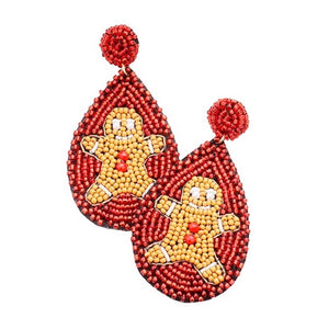 Red Felt Back Seed Bead Gingerbread Teardrop Christmas Statement Earrings, get into the Christmas spirit with these gorgeous handcrafted Gingerbread Man Earrings, will dangle on your earlobes & bring a smile to those who look at you. Perfect Gift December Birthday, Christmas, Stocking Stuffers, Secret Santa, BFF, Holiday