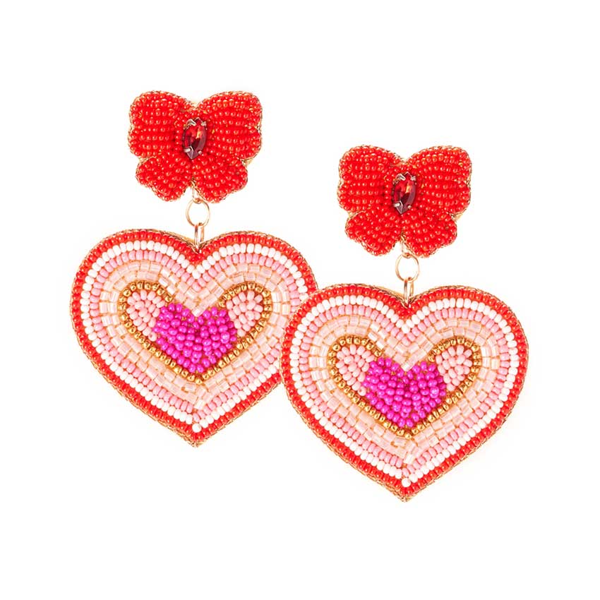 Red Felt Back Seed Beaded Bow Heart Link Dangle Earrings, take your love for statement accessorizing to a new level of affection with these heart-dangle earrings. Accent all of your dresses with the extra fun vibrant color with these heart-dangle earrings. Wear these lovely earrings to make you stand out from the crowd & show your trendy choice this valentine's. 