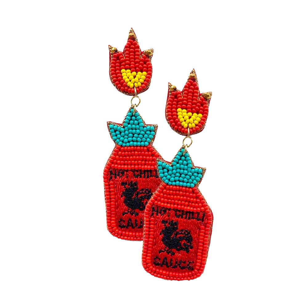 Red Felt Back Seed Beaded Hot Chilli Sauce Dangle Earrings, Seed Beaded Chilli Sauce Dangle earrings fun handcrafted jewelry that fits your lifestyle, adding a pop of pretty color. Enhance your attire with these vibrant artisanal earrings to show off your fun trendsetting style. Lightweight and comfortable for wearing all day long. Goes with any of your casual outfits and Adds something extra special. Great gift idea for your Loving One.