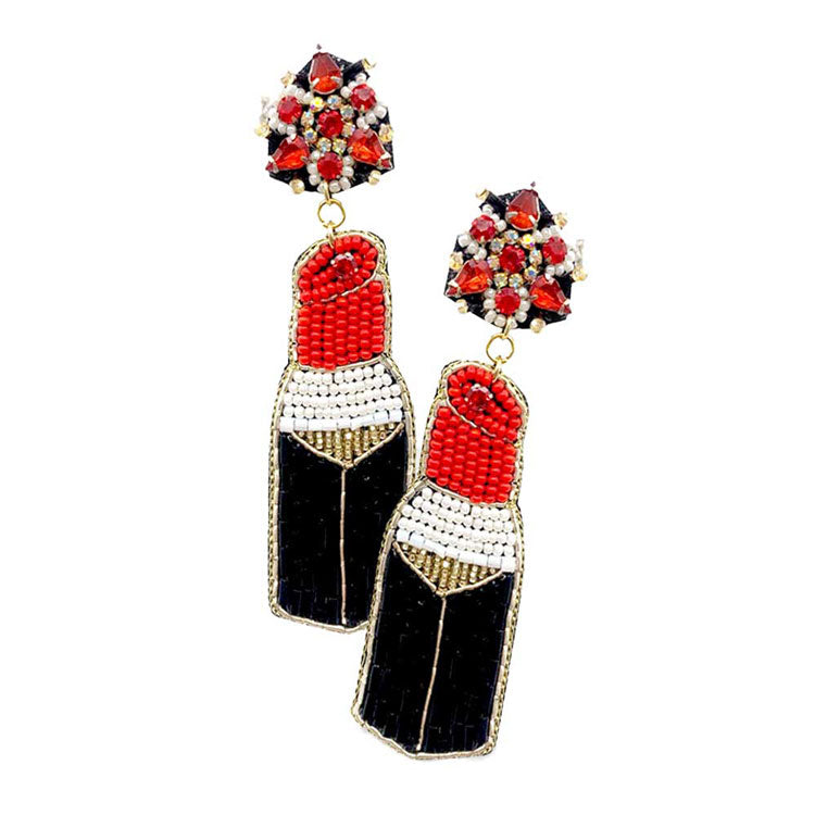 Red Felt Back Seed Beaded Lipstick Dangle Earrings, Seed Beaded lipstick dangle earrings fun handcrafted jewelry that fits your lifestyle, adding a pop of pretty color. Enhance your attire with these vibrant artisanal earrings to show off your fun trendsetting style. Lightweight and comfortable for wearing all day long. Goes with any of your casual outfits and Adds something extra special. Great gift idea for your Loving One.