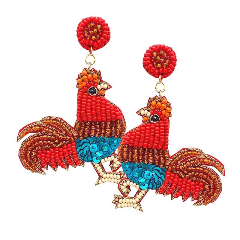 Red Felt Back Sequin Seed Beaded Rooster Dangle Earrings, Seed Beaded Rooster dangle earrings fun handcrafted jewelry that fits your lifestyle, adding a pop of pretty color. Enhance your attire with these vibrant artisanal earrings to show off your fun trendsetting style. Lightweight and comfortable for wearing all day long. Goes with any of your casual outfits and Adds something extra special. Great gift idea for your Loving One.