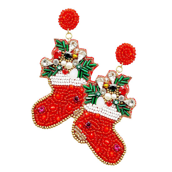 Red Felt Back Stone Christmas Socks Beaded Dangle Earrings, get into the Christmas spirit with our gorgeous handcrafted Christmas socks dangle earrings, they will dangle on your earlobes & bring a smile to those who look at you. Perfect for spreading the joy of the holiday season and the right amount of shimmer & shine to your outfit. Awesome Christmas gift for your loved ones. Perfect Gift December Birthdays, Christmas, Stocking Stuffers, Secret Santa, BFF, etc.