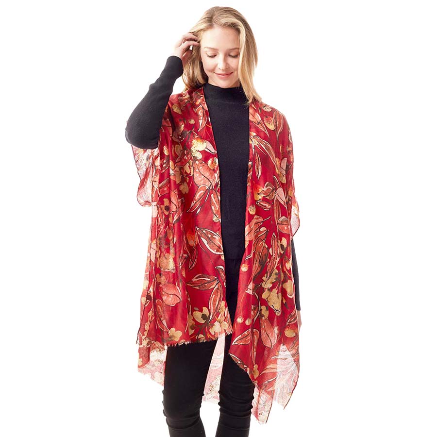 Red Floral Printed Gold Foil Accented Ruana Poncho, is an awesome and gorgeous accessory for enlightening your beautiful look and representing the perfect class with confidence. You'll love this gold foil gorgeous poncho and it will become a favorite accessory to enrich your attire. Throw it on over so many pieces elevating any casual outfit to get cute compliments. 