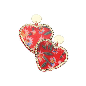 Red Flower Patterned Resin Heart Dangle Earrings. Look like the ultimate fashionista with these Earrings! Add something special to your outfit! It will be your new favorite accessory. Perfect Birthday Gift, Mother's Day Gift, Anniversary Gift, Graduation Gift, Prom Jewelry, Just Because Gift, Thank you Gift.