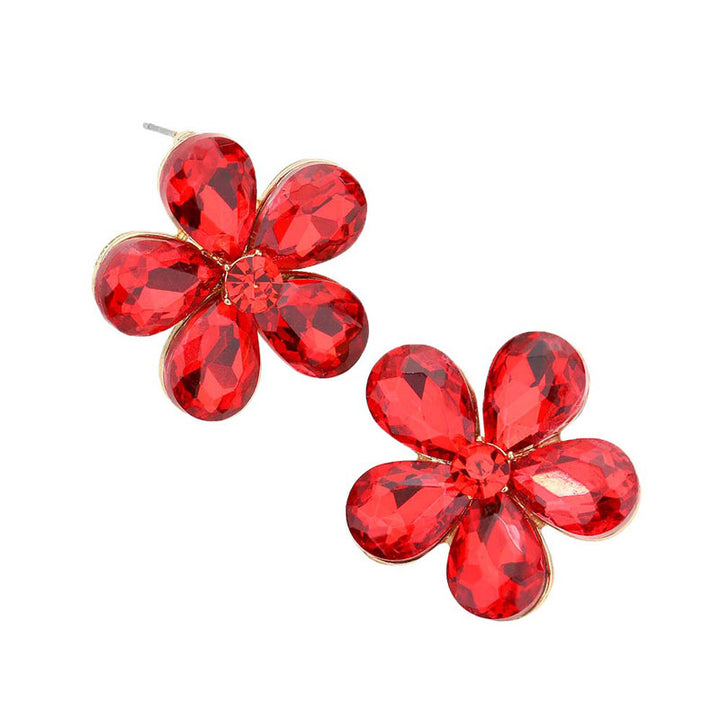 Red Flower Stone Evening Earrings, flower stud earrings handcrafted jewelry that fits your lifestyle, adding a pop of pretty color. You will be fashionable one.  An artisanal-inspired multi shape of bezeled stones turns these evening earrings into a chic emblem of your statement-making style, wear these intricate earrings to stand out and be trendy this season! Can go from the office to after-hours with ease.