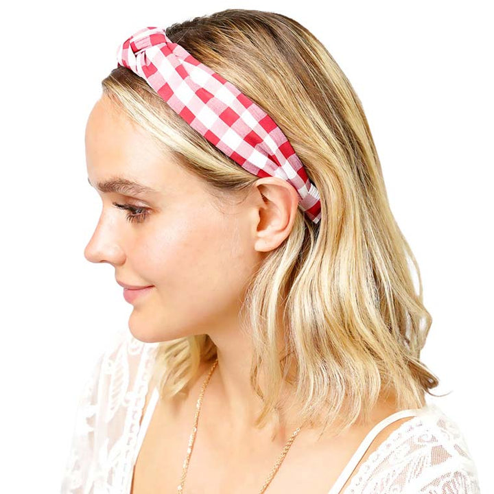 Red Gingham Check Patterned Burnout Knot Headband, create a natural & beautiful look while perfectly matching your color with the easy-to-use check patterned knot headband. Push your hair back and spice up any plain outfit with this knot check-patterned headband! Be the ultimate trendsetter & be prepared to receive compliments wearing this chic headband with all your stylish outfits!