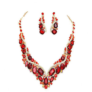 Red Crystal Inset Necklace matching Earrings Evening Set, dare to dazzle with this bejeweled set designed to accent the neckline and enhance the eyes. Perfect for that LBD, add some glitz and Glamour. Ideal gift for a loved one or yourself. Perfect for a night out, holiday party, special event, wedding, prom, sweet 16
