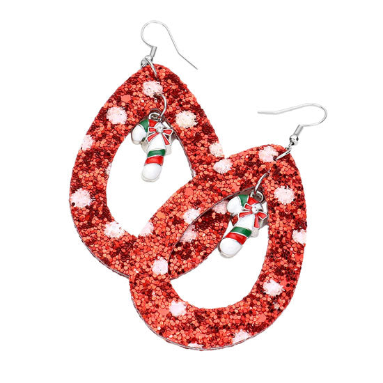 Red Glitter Open Teardrop Candy Cane Dangle Earrings, get into the Christmas spirit with our gorgeous handcrafted teardrop earrings. These fruits themed earrings will dangle on your earlobes with a beautiful glow & bring a smile of joy to those who look at you at the Christmas party. The beautiful colors and pattern of the earrings make it the perfect choice for your Christmas costumes. Perfect Gift December Birthdays, Christmas, Stocking Stuffers, Secret Santa, BFF, etc. Merry Christmas!