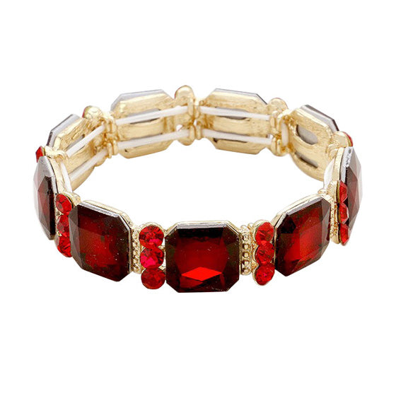 Red Gold Sparkling Emerald Cut Glass Crystal Stretch Bracelet Crystal Bracelet , Glitzy glass crystals, stylish stretch bracelet that is easy to put on, take off and comfortable to wear. The perfect match for your LBD, multiple colors to match your wardrobe, Accent your work or casual attire with this  dazzling bracelet. 