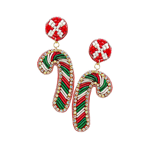 Red Green Felt Back Rhinestone Trimmed Candy Cane Dangle Earrings, handcrafted beaded dangle earrings, bring a unique and beautiful look & bring a smile to those who look at you at the Christmas party. Perfect Gift for Birthdays, Christmas, Stocking Stuffers, Secret Santa, BFF, etc. Enjoy Christmas in style!